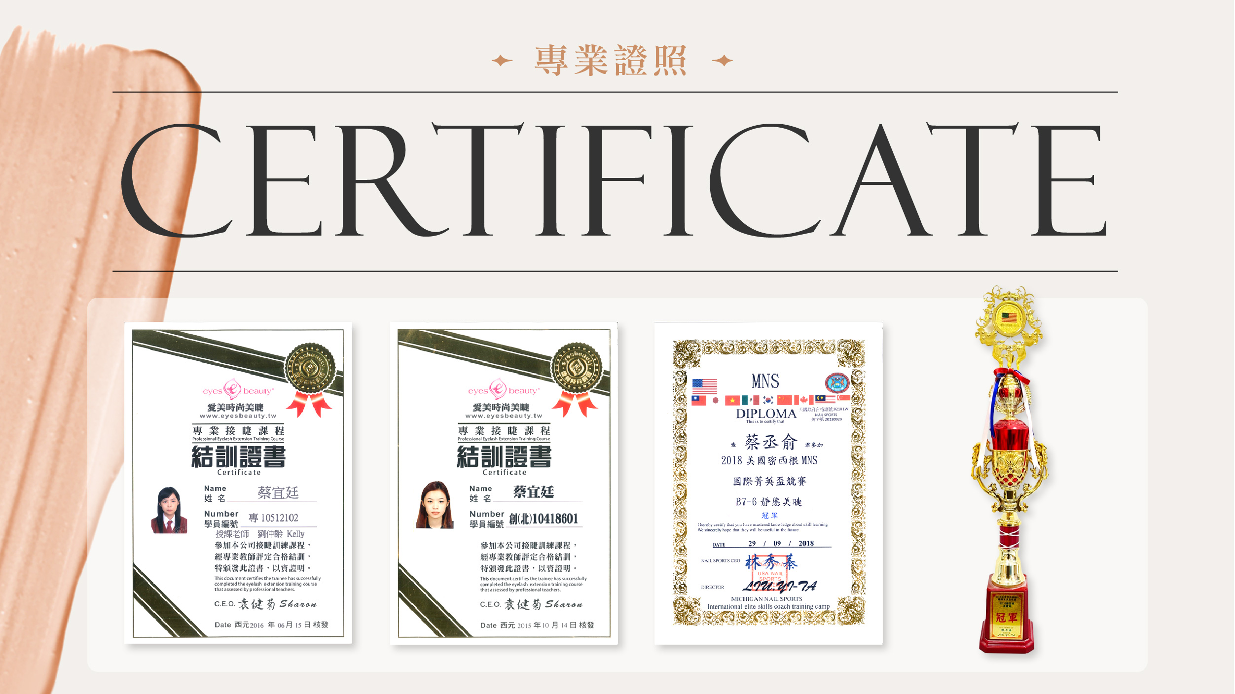 2015年起完成各項專業美睫課程結訓,並於 2018考取美睫二級考照與美睫手法指導班,並參加美國密西根MNS國際菁英盃競賽獲得 B7-6 靜態美睫組冠軍,並於同年進修霧眉全科班與線條飄眉之證書,今年再加以進修美睫概論,保持每年最新專業技術之領先