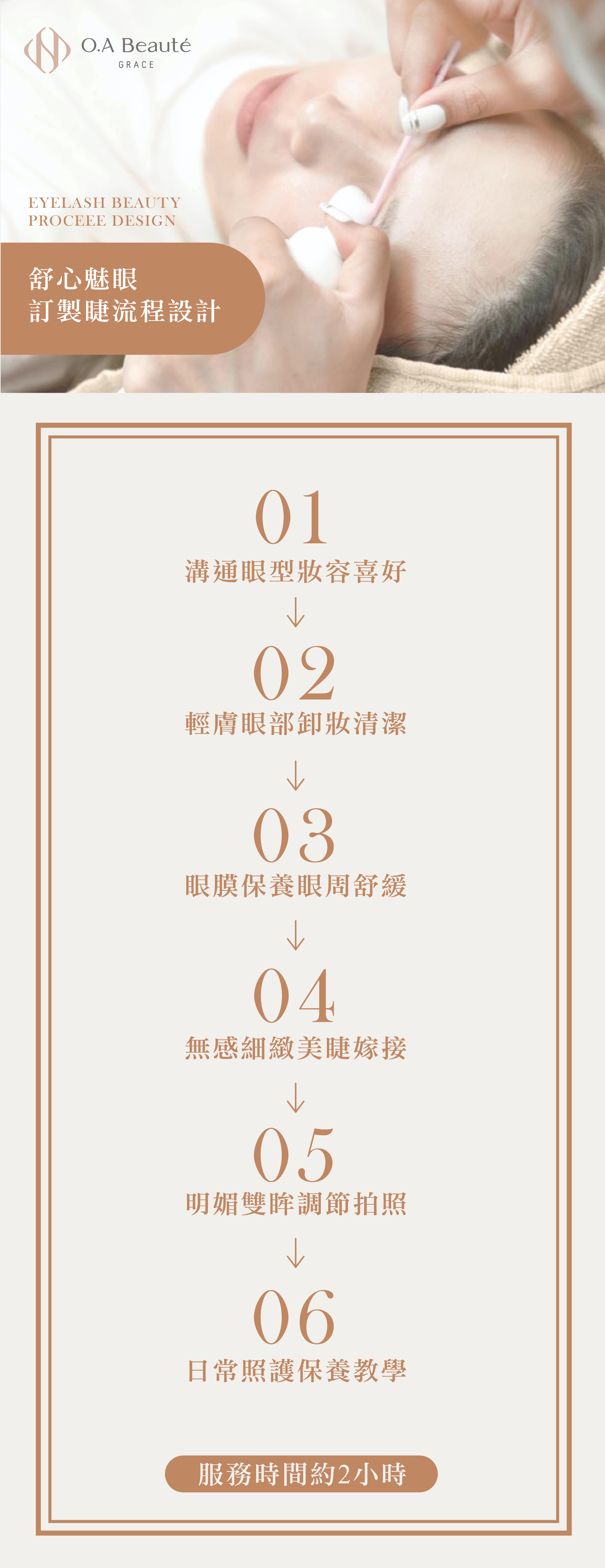 台北師大推薦 O.A beaute 美睫,嫁接時間約2小時,服務流程以舒心魅眼訂製睫符合閨蜜喜愛設技,第一步為溝通眼型妝容喜好,第二步進行眼部卸妝清潔,ˋ第三步敷眼膜進行眼周舒緩保養,第四步老師開始嫁接全程無感，第五步確認舒適度拍照,第六部日常照顧保養教學,完成精緻魅眼日式訂製睫日常漂亮偽素顏妝容。